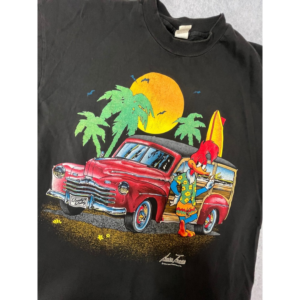 Vintage 90s Woody Woodpecker Auto Toons Surf T-Shirt Black XL Single Stitch - Picture 2 of 9